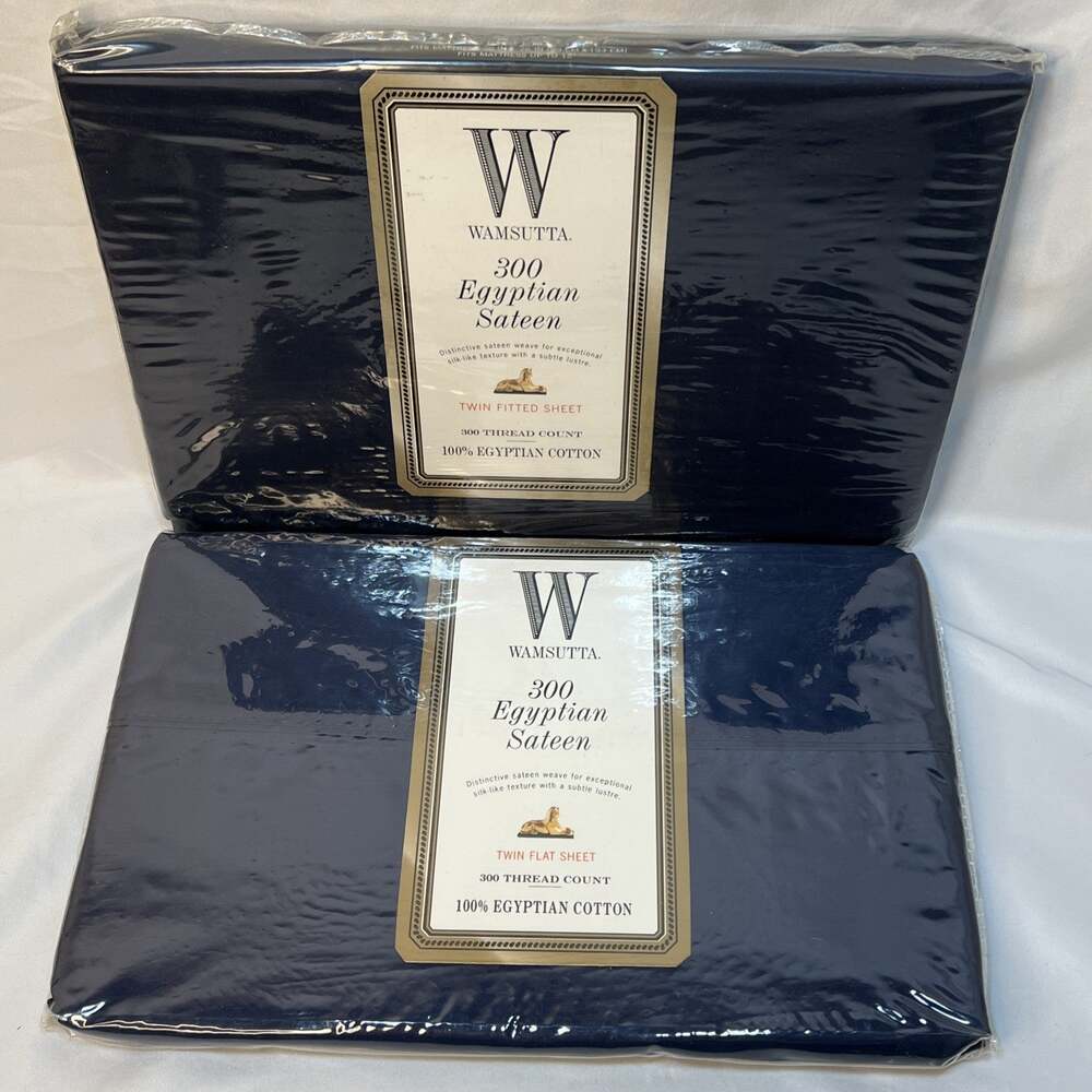 Vintage Wamsutta Egyptian Sateen 100% Cotton Twin Navy Flat Fitted Sheets 300tc